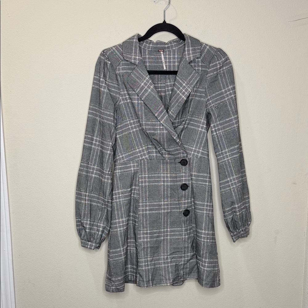 Free People Anna Boho Balloon sleeve Plaid Mini Blazer Dress Button